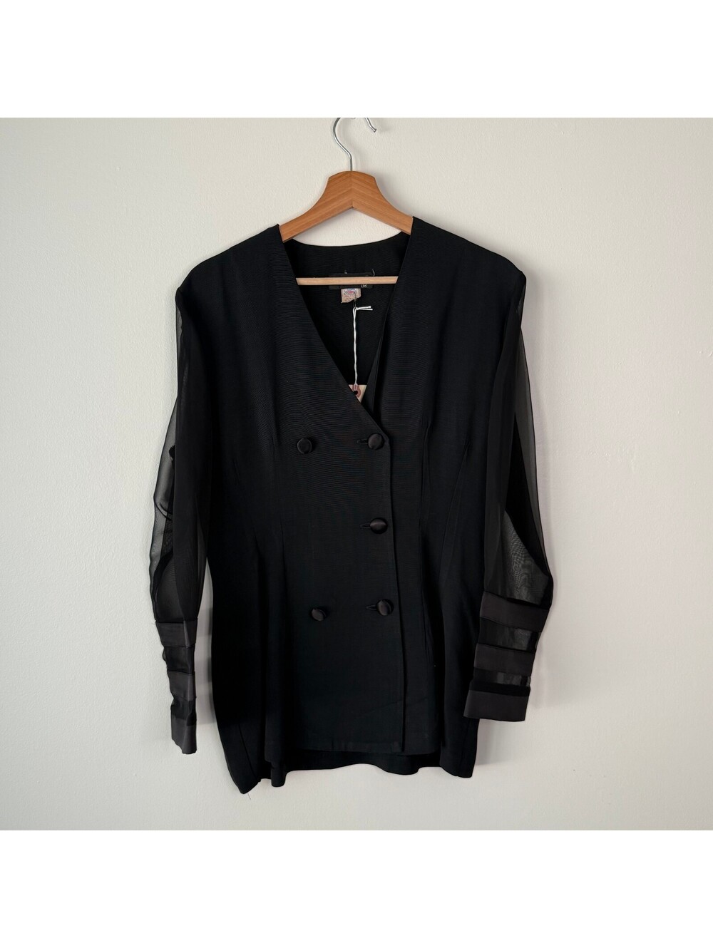 Vintage 80s Late Edition Double Breasted Mesh Long Sleeve Black Dress Size Med